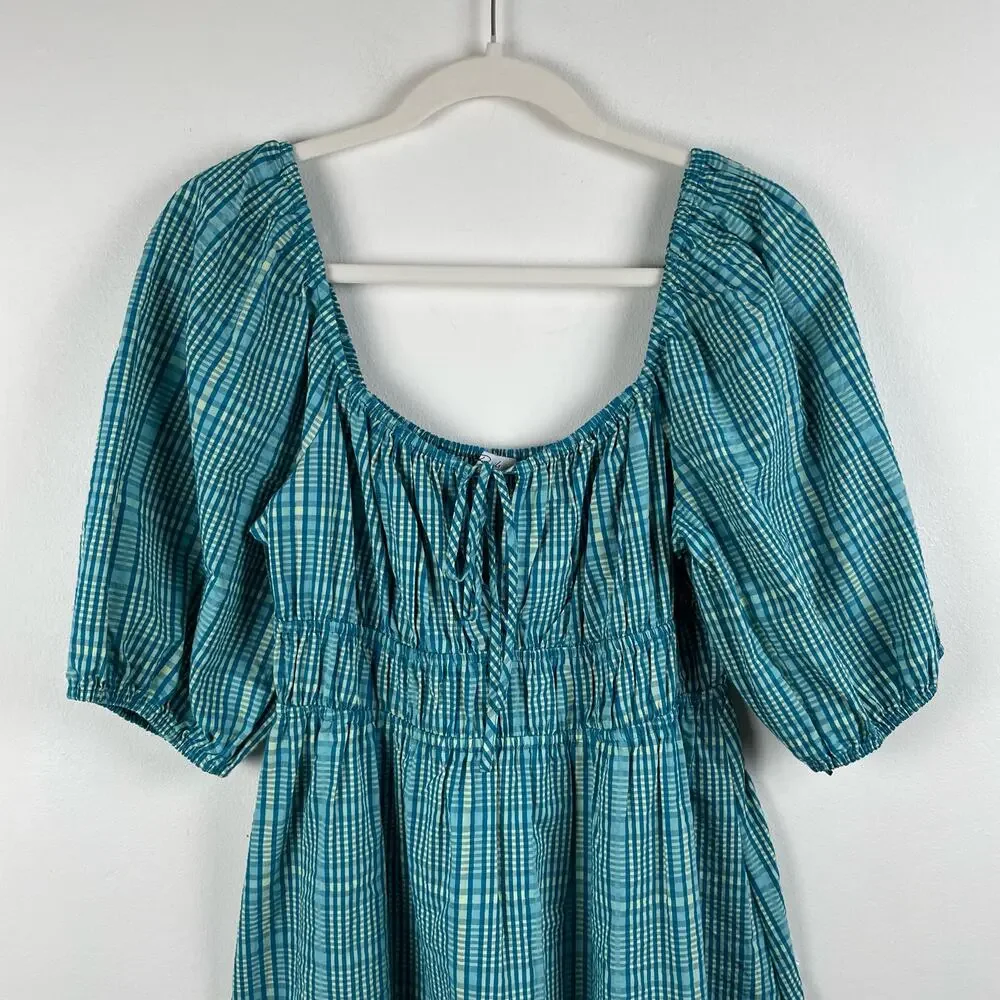 Rails Brenda Check Plaid Cotton Blend Minidress Augusta Size M NWOT Teal Blue